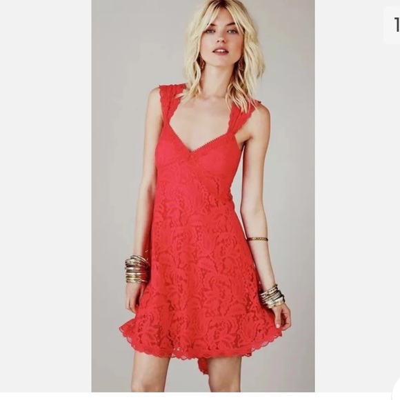 Free People Dresses & Skirts - Free People Red Orange Fiesta Lace Mini Dress Size 4